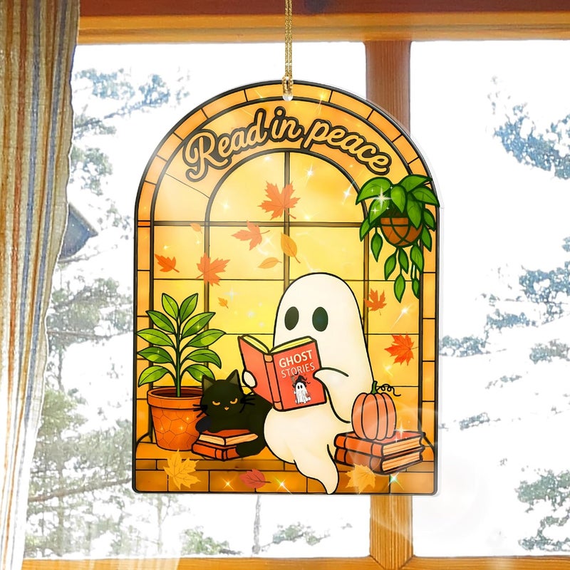 Hutato Halloween Ghost Reading Book Suncatcher, Ghost and Black Cat Acrylic Window Hanging Decor, Reading Book Sun Catcher, Book Lover Gift (Ma 1) - Image 2